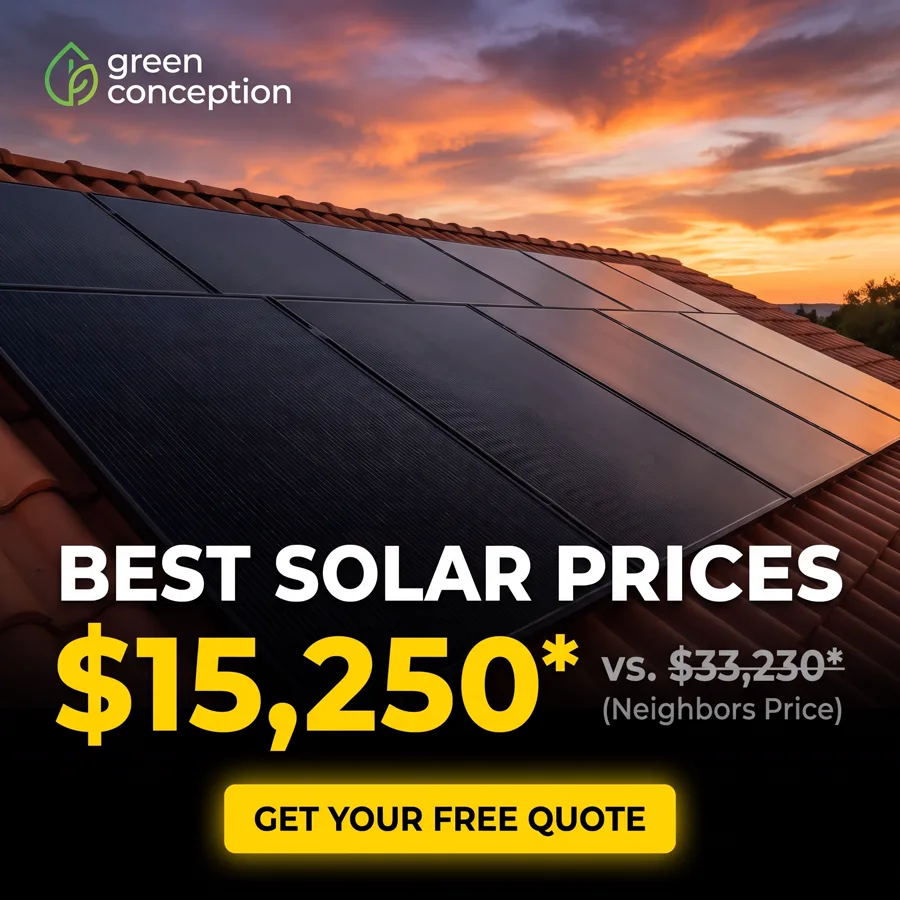 Price-anchor ad: a sunset roof of solar panels with a quoted price struck through against a lower one