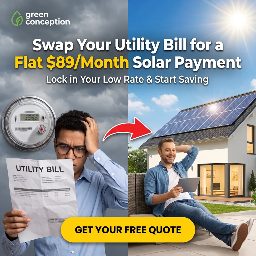 Before/after ad: a homeowner frustrated at a high utility bill beside the same homeowner relaxed under a new solar-panelled roof