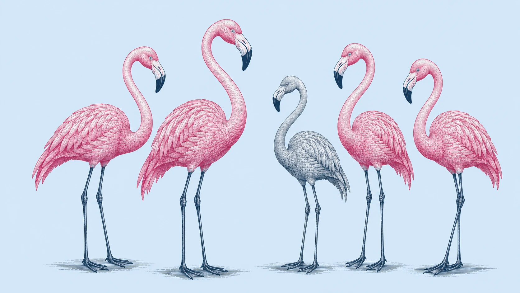 Engraved flock of pink flamingos with one grey flamingo blending into the background among them