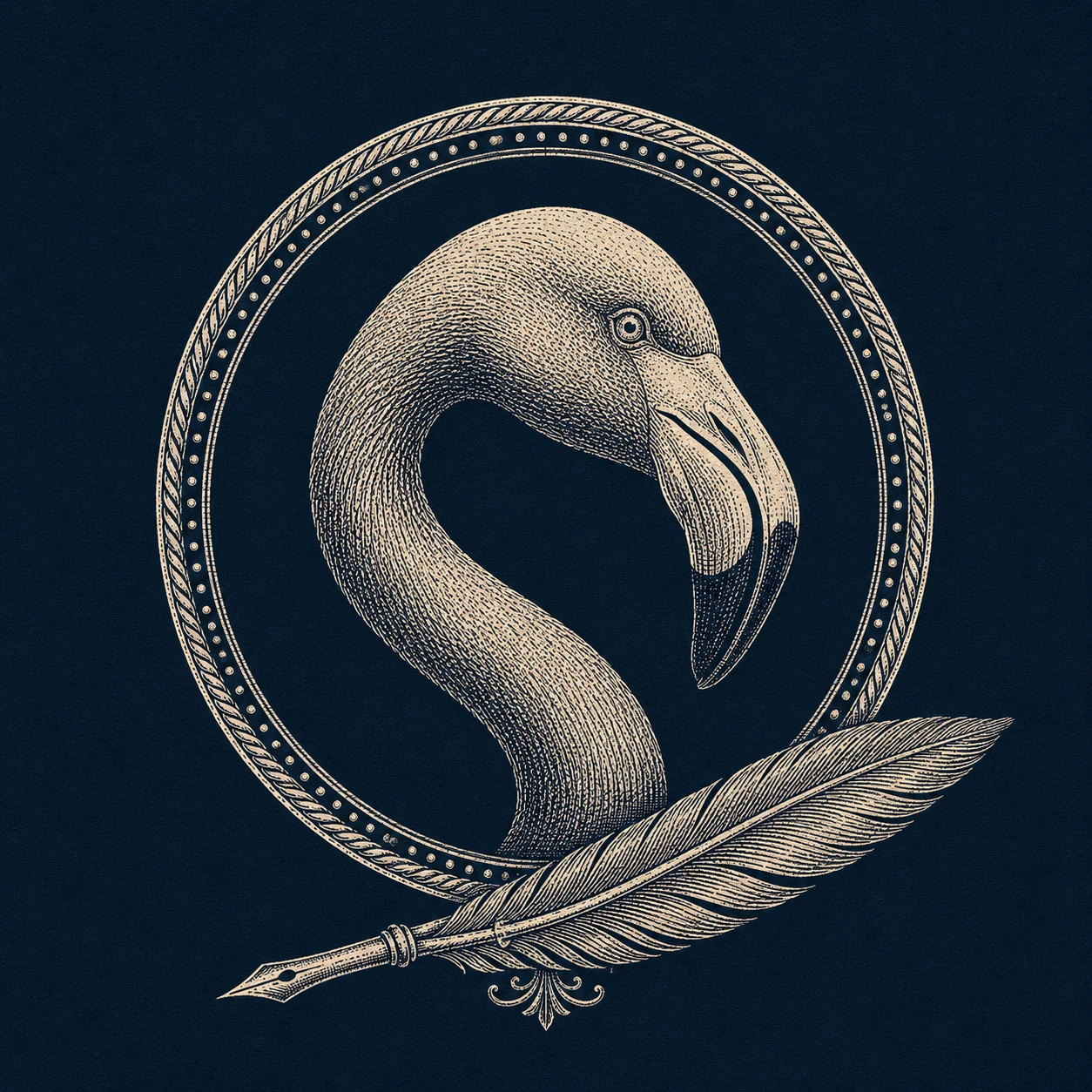 Engraved medallion seal of the flamingo mascot with a feather quill